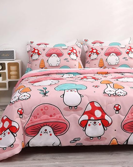 Wajade Kids Cute Mushroom Comforter Set Bed in A Bag Full Size 7 Piece Pink Cartoon Mushroom Head Bedding Set for Girls (1 Comforter, 1 Flat Sheet, 1 Fitted Sheet, 2 Pillowcase and 2 Pillow Sham) - LeafyLoom