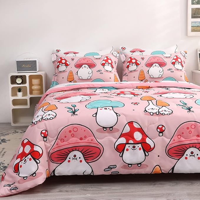 Wajade Kids Cute Mushroom Comforter Set Bed in A Bag Full Size 7 Piece Pink Cartoon Mushroom Head Bedding Set for Girls (1 Comforter, 1 Flat Sheet, 1 Fitted Sheet, 2 Pillowcase and 2 Pillow Sham) - LeafyLoom