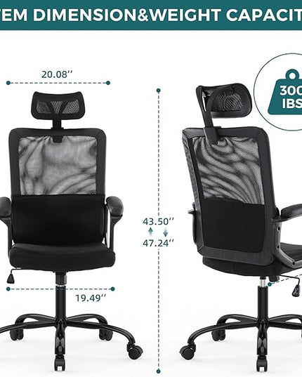 SMUG Office Chair, Ergonomic Mesh Home Office Computer Chair with Lumbar Support/Adjustable Headrest/Armrest and Wheels/Mesh High Back/Swivel Rolling (Black) - LeafyLoom