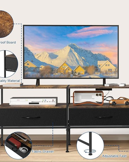 HEOMU Industrial TV Stand for 50 Inch Television Cabinet 3-Tier Console Table with Fabric Drawer, Entertainment Center Media Console Metal Frame for Living Room, Bedroom, Rustic Brown - LeafyLoom