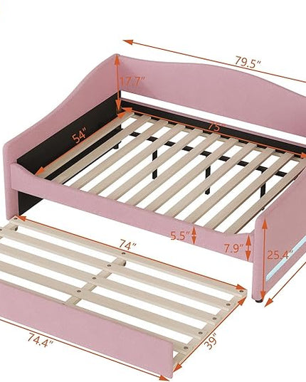 Full Size Upholstered Daybed with Trundle and LED Light, Teddy Fleece Sofabed, Day Bed Frame w/Wood Slats, for Bedroom Living Room, Pink - LeafyLoom