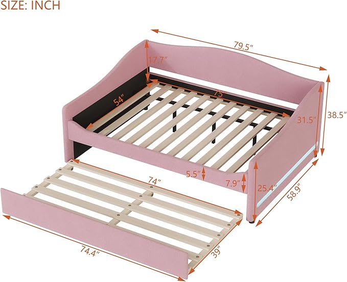 Full Size Upholstered Daybed with Trundle and LED Light, Teddy Fleece Sofabed, Day Bed Frame w/Wood Slats, for Bedroom Living Room, Pink - LeafyLoom