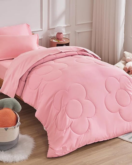 SLEEP ZONE Kids Pink Twin Bedding Comforter Set - Super Cute & Soft Girls Bedding 5 Pieces Set with Comforter, Sheet, Pillowcase & Sham (Cinquefoil Pink) - LeafyLoom