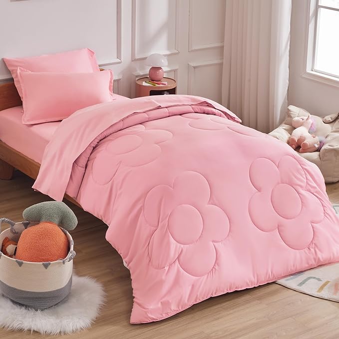 SLEEP ZONE Kids Pink Twin Bedding Comforter Set - Super Cute & Soft Girls Bedding 5 Pieces Set with Comforter, Sheet, Pillowcase & Sham (Cinquefoil Pink) - LeafyLoom