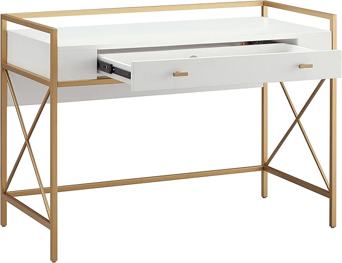Leick Home Claudette Mixed Metal and Wood Flat Wall Computer Office Writing Desk with Drop Front Keyboard Drawer, White/Satin Gold, 32.13" W - LeafyLoom