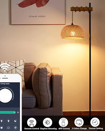 Boho Floor Lamp with Remote, Farmhouse Dimmable Rattan Standing Lamp with Smart Blub, Bamboo Lampshade, App Control, Wood Black Tall Lamp for Living Room Bedroom Office, 9W LED Bulb Included - LeafyLoom