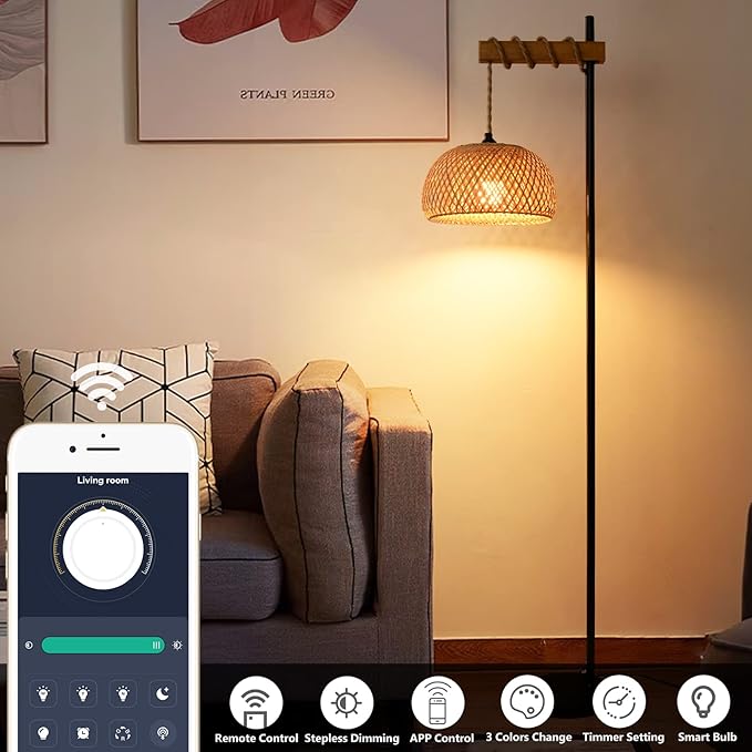 Boho Floor Lamp with Remote, Farmhouse Dimmable Rattan Standing Lamp with Smart Blub, Bamboo Lampshade, App Control, Wood Black Tall Lamp for Living Room Bedroom Office, 9W LED Bulb Included - LeafyLoom