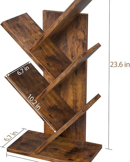 Topfurny Tree Bookshelf, 4-Tier Book Storage Organizer Shelves Floor Standing Bookcase, Wood Storage Rack for Office Home School Shelf Display for Cd/Magazine/Book - Rustic Brown - LeafyLoom