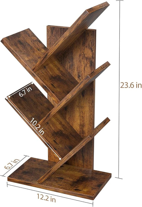 Topfurny Tree Bookshelf, 4-Tier Book Storage Organizer Shelves Floor Standing Bookcase, Wood Storage Rack for Office Home School Shelf Display for Cd/Magazine/Book - Rustic Brown - LeafyLoom