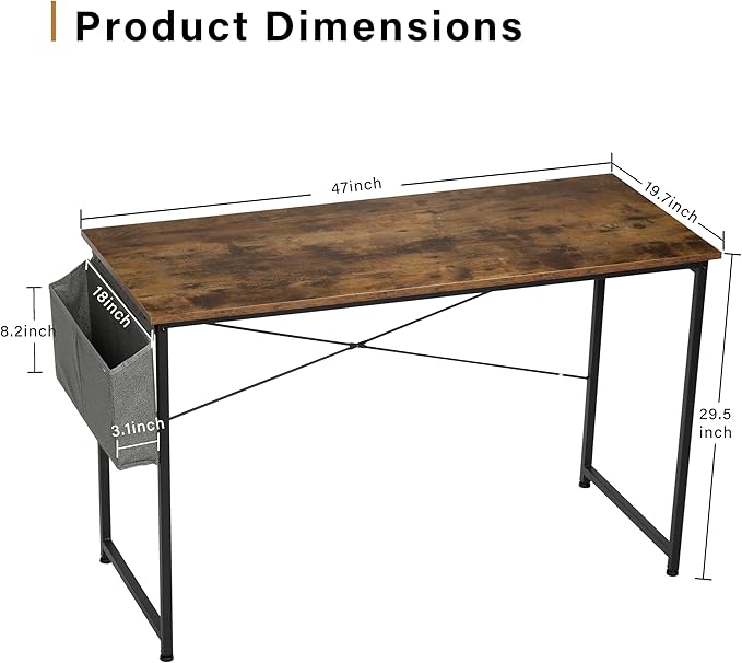 HealSmart Home Office Computer Desk, Modern Style Design with Headphone Hooks for Working, Writing and Gaming, 32 Inch, 47 Inches, Deep Brown - LeafyLoom