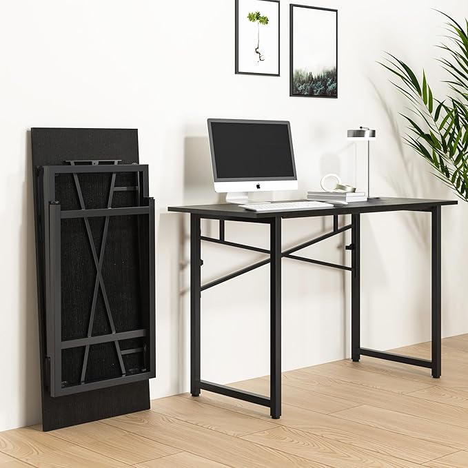 47 Inch Foldable Computer Desk, Folding Space-Saving Home Office Table, Study Writing Gaming Workstation for Small Space, No Assembly Needed,Black - LeafyLoom