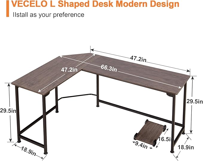 VECELO L Shaped Computer Corner Desk with CPU Stand/PC Laptop Study Writing Table for Home Office Workstation Wood & Metal, 66 in, Coffee + Black Leg - LeafyLoom