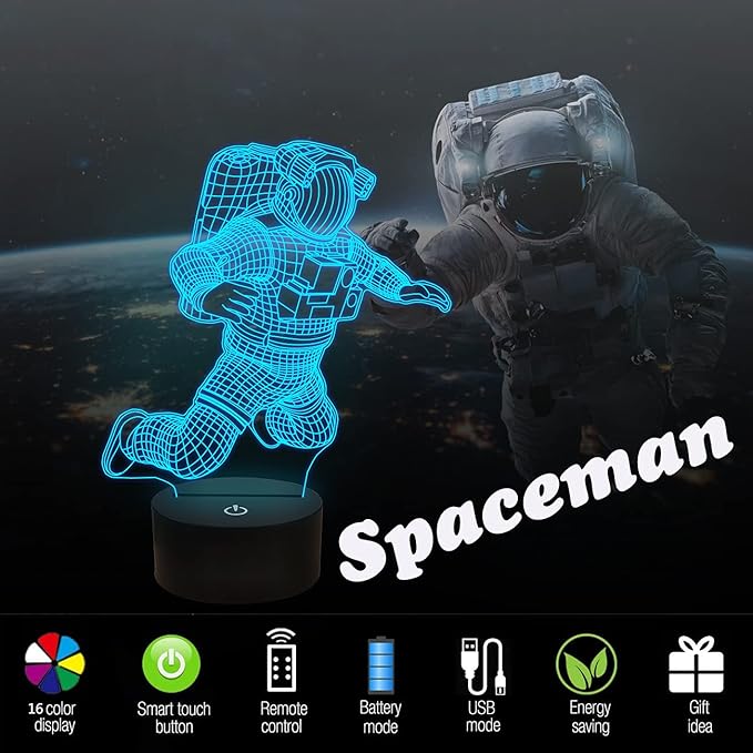 FULLOSUN Spaceman 3D Night Light, Astronaut Rocket Optical Illusion Lamp Birthday Gift Idea for Outer Space Fan Xmas, Living Room Decor Night Light with 7 Colors Changing - LeafyLoom