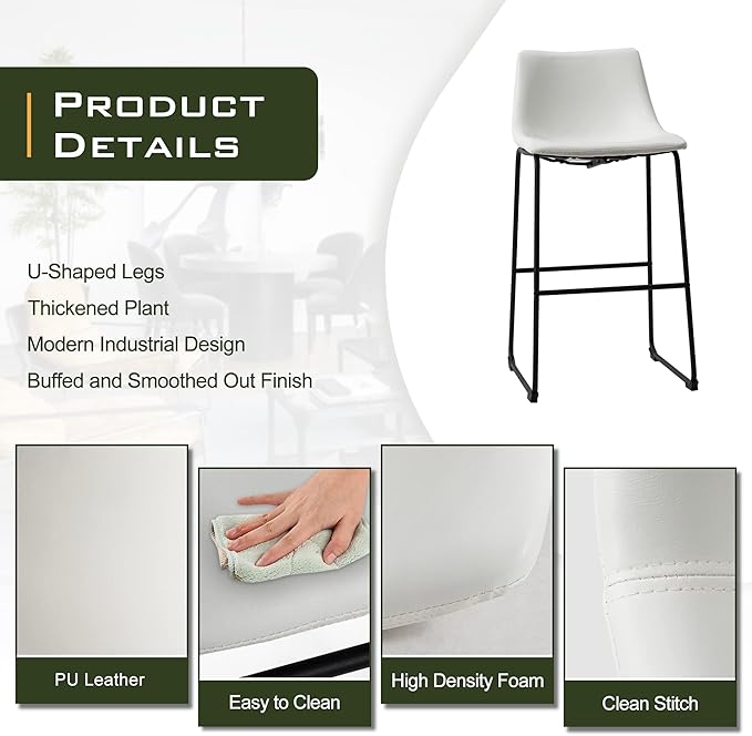 NicBex Retro Bar Stools Crazy-Horse Leather with Metal Legs Barstools, Lounge Kitchen Island Bar Stools, Set of 2, (White Color) (A-GE17024-USSU014) - LeafyLoom