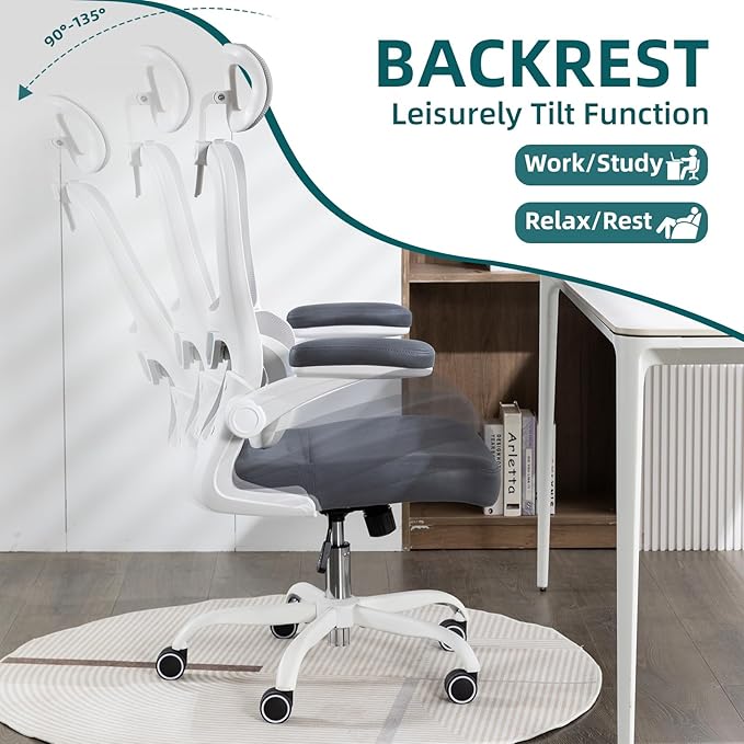 Home Office Chair High Back Computer Desk Chair Ergonomic Task Chair Executive Chair with Lumbar Support Recliner Chair with Adjustable Headrest,Flip-up Armrests (White/Gray with Meatl Base) - LeafyLoom