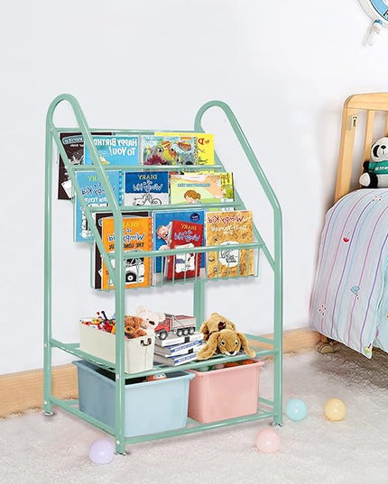 aboxoo Metal Kids Bookshelf Green Bookcase Freestanding for Children Room 24 in Toy Organizer Green Stable Bookcase Bookstore Library Book Unit Storage - LeafyLoom
