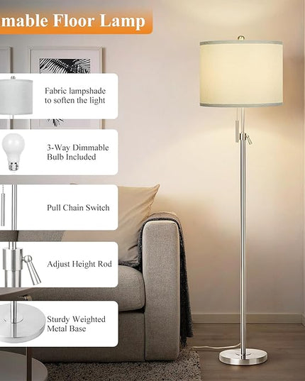 Brushed Nickel Floor Lamp for Living Room, Adjustable Height Standing Lamp with Metal Base, Tall Pole Light with Grey Shade for Bedroom, 8W 4000K 3-Way LED Bulb Included (Brushed Nickel, Grey Shade) - LeafyLoom
