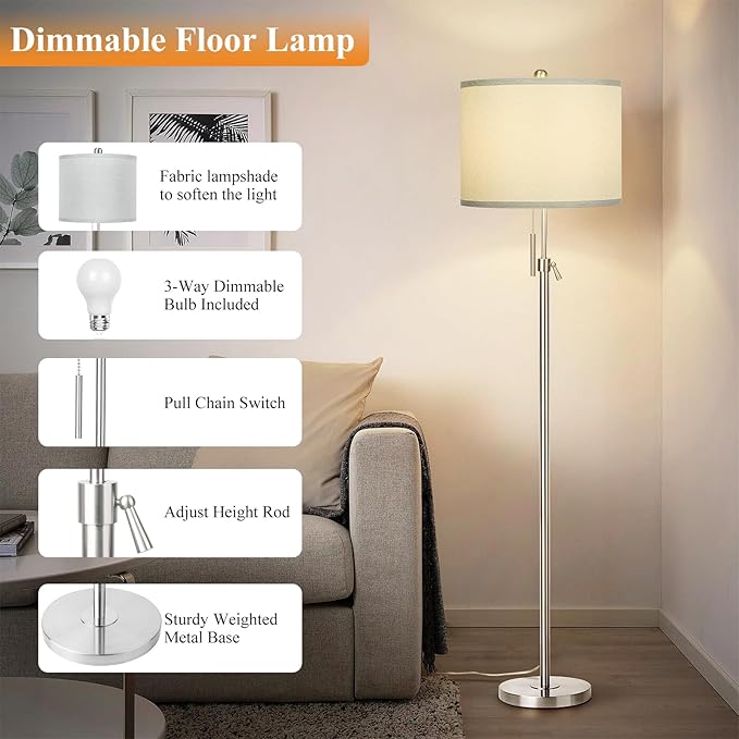 Brushed Nickel Floor Lamp for Living Room, Adjustable Height Standing Lamp with Metal Base, Tall Pole Light with Grey Shade for Bedroom, 8W 4000K 3-Way LED Bulb Included (Brushed Nickel, Grey Shade) - LeafyLoom