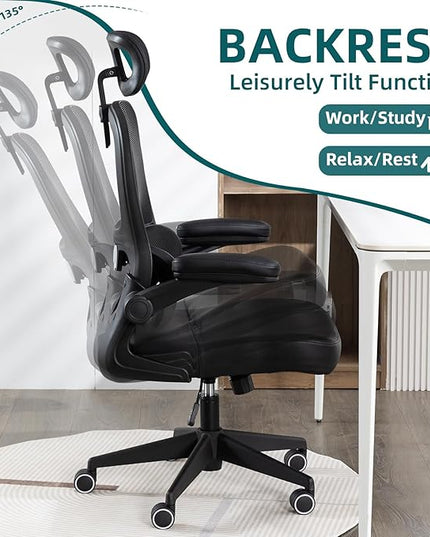 Home Office Chair High Back Computer Desk Chair Ergonomic Task Chair Executive Chair with Lumbar Support Recliner Chair with Adjustable Headrest,Flip-up Armrests (Black with Nylon Base) - LeafyLoom
