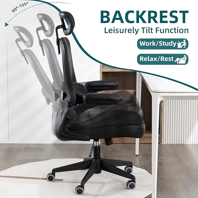 Home Office Chair High Back Computer Desk Chair Ergonomic Task Chair Executive Chair with Lumbar Support Recliner Chair with Adjustable Headrest,Flip-up Armrests (Black with Nylon Base) - LeafyLoom