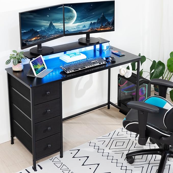 Computer Desk with LED Light & Power Outlets, 47 Inch Gaming Desk with 4 Fabric Drawers, Office Desk with Monitor Stand, Black Work Writing Desk with Hooks for Home Office, Bedroom, HGD12BK - LeafyLoom