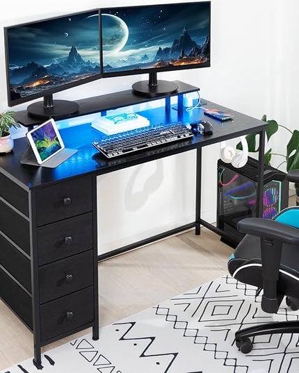 Computer Desk with LED Light & Power Outlets, 55 Inch Gaming Desk with 4 Fabric Drawers, Office Desk with Monitor Stand, Black Work Writing Desk with Hooks for Home Office, Bedroom, HGD14BK - LeafyLoom