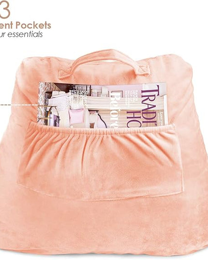 Clara Clark Reading Pillow, Standard Back Pillow for Sitting Up in Bed, Memory Foam Back Support Pillow, Reading Pillows for Sitting in Bed, Peach Sit Up Pillow for Bed Chair Arm Pillow with Pockets - LeafyLoom