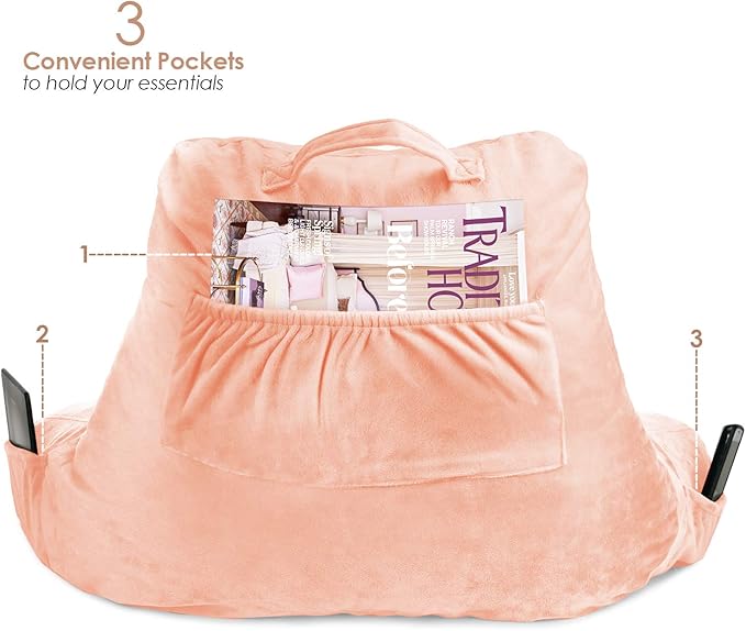 Clara Clark Reading Pillow, Standard Back Pillow for Sitting Up in Bed, Memory Foam Back Support Pillow, Reading Pillows for Sitting in Bed, Peach Sit Up Pillow for Bed Chair Arm Pillow with Pockets - LeafyLoom