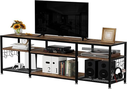 VECELO 70" TV Stand for 65/70/75 Inch Television, Entertainment Center with Storage Shelves & Hooks, 3-Tier Modern Wooden Console Table for Living, Bedroom and Gaming Room, Rustic Brown - LeafyLoom