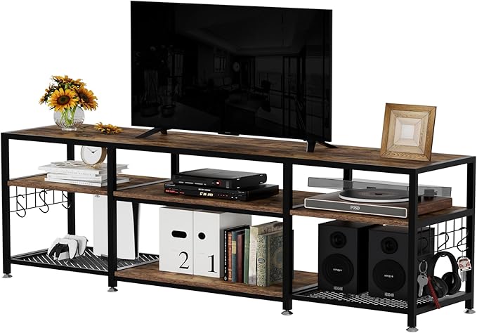 VECELO 70" TV Stand for 65/70/75 Inch Television, Entertainment Center with Storage Shelves & Hooks, 3-Tier Modern Wooden Console Table for Living, Bedroom and Gaming Room, Rustic Brown - LeafyLoom