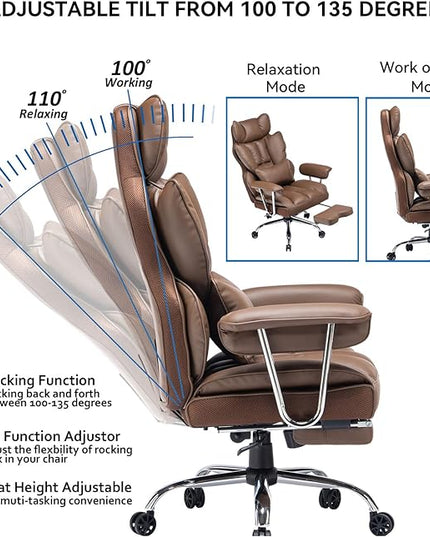 Desk Office Chair 400LBS, Big and Tall Office Chair, PU Leather Computer Chair, Executive Office Chair with Leg Rest and Lumbar Support, Brown Office Chair - LeafyLoom