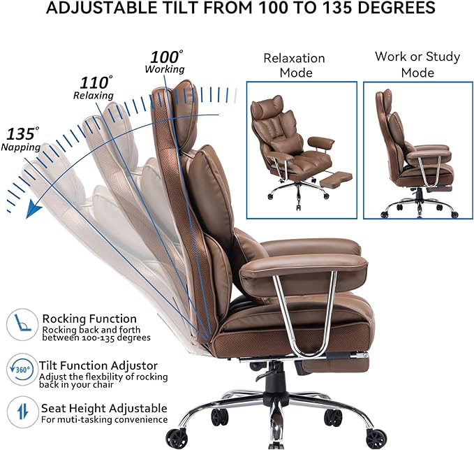 Desk Office Chair 400LBS, Big and Tall Office Chair, PU Leather Computer Chair, Executive Office Chair with Leg Rest and Lumbar Support, Brown Office Chair - LeafyLoom