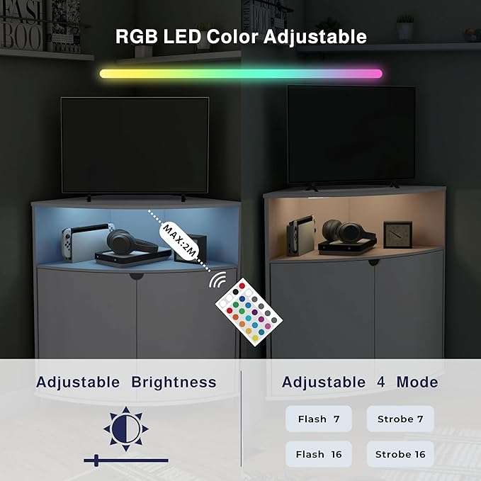 Berg Modern 31-inch 16 Colors LED Corner Cabinet with Doors and 2 Shelves, USB Charge Cord, Small TV Stand for Living Room, Home Office, White Pure - LeafyLoom
