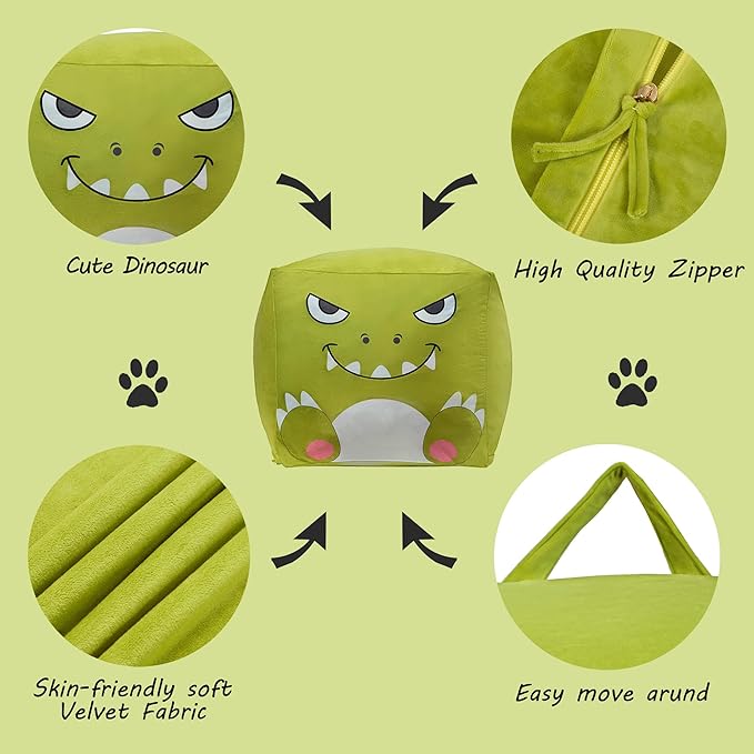 Dinosaur Bean Bag for Stuffed Animals Storage, Stuffed Animal Storage Bean Bag Chair, Extra Large Size, Velvet Super Soft Cover Only - LeafyLoom