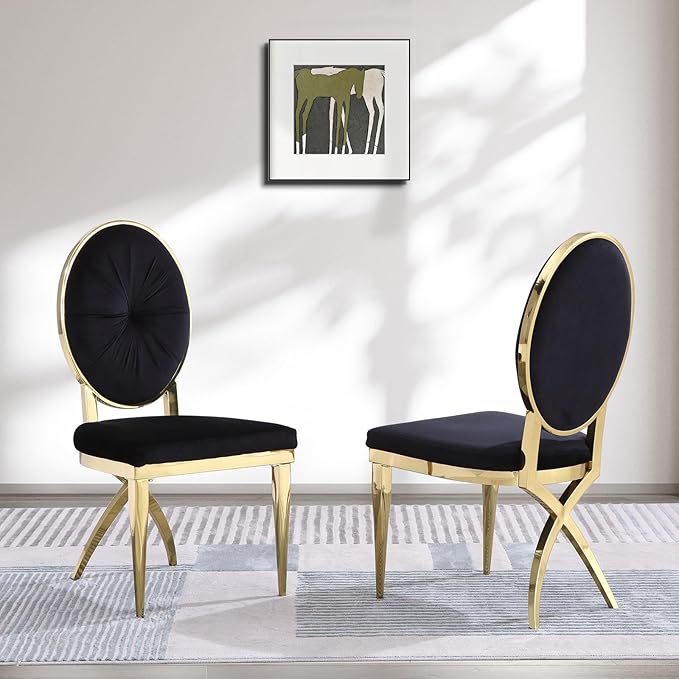 ACEDÉCOR Black and Gold Dining Chairs, Velvet Upholstered Dining Room Chair with Oval Back & Gold Unique Legs, Mid-Century Modern Armless Chair Set of 10 - LeafyLoom