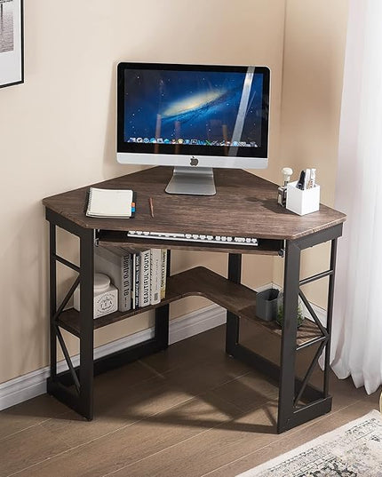 VECELO Corner Computer Desk Writing Smooth Keyboard Tray & Storage Shelves,Compact Home Office Triangle Table, Rustic Natural Brown - LeafyLoom