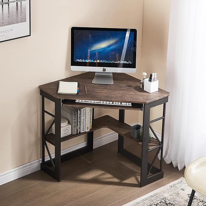 VECELO Corner Computer Desk Writing Smooth Keyboard Tray & Storage Shelves,Compact Home Office Triangle Table, Rustic Natural Brown - LeafyLoom