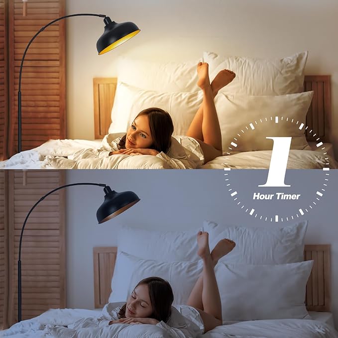 Arch Floor Lamps with Remote - Dimmable Floor Lamp 70”, Black Tall Lamp with 360° Adjustable Hanging Metal Shade, Arc Lamps Floor Standing with 9W Bulb, Over Couch Lamp for Living Room, Bedroom - LeafyLoom