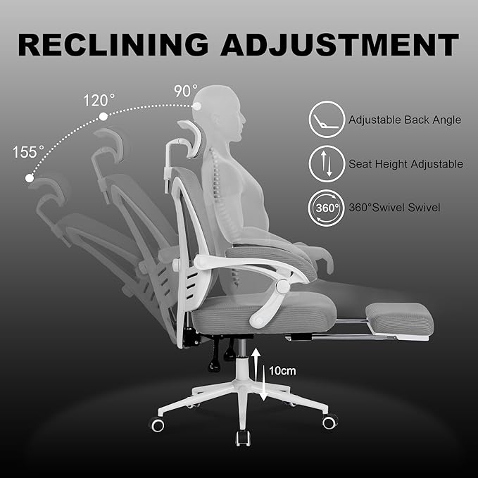 Vonesse Ergonomic Office Chair High Back Computer Mesh Office Chair with Footrest Big and Tall Office Chair Adjustable Home Office Chair Swivel Rolling Reclining Desk Chair Grey - LeafyLoom