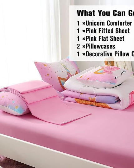 JQinHome Unicorn Full Bedding Sets for Girls Kids,6 Piece Bed in A Bag 3D Colorful Flower Girl Unicorn Comforter Set (1 Comforter,2 Pillowcases,1 Flat Sheet,1 Fitted Sheet,1 Cushion Cover) - LeafyLoom