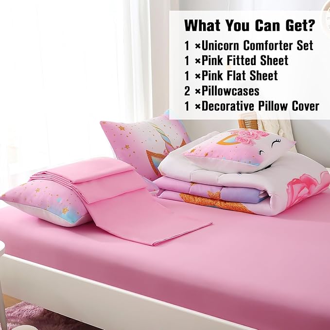JQinHome Unicorn Full Bedding Sets for Girls Kids,6 Piece Bed in A Bag 3D Colorful Flower Girl Unicorn Comforter Set (1 Comforter,2 Pillowcases,1 Flat Sheet,1 Fitted Sheet,1 Cushion Cover) - LeafyLoom