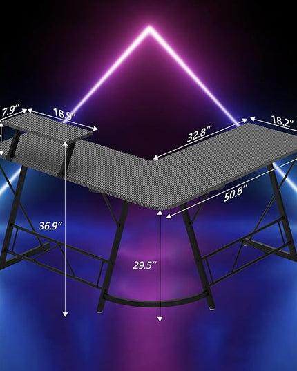 Mr IRONSTONE L Shaped Gaming Desk, Computer Corner Desk Carbon Fiber Surface for Home Office, Writing Study Desk with Laptop Stand, Easy to Assemble, Carbon Fiber, 51 Inch - LeafyLoom