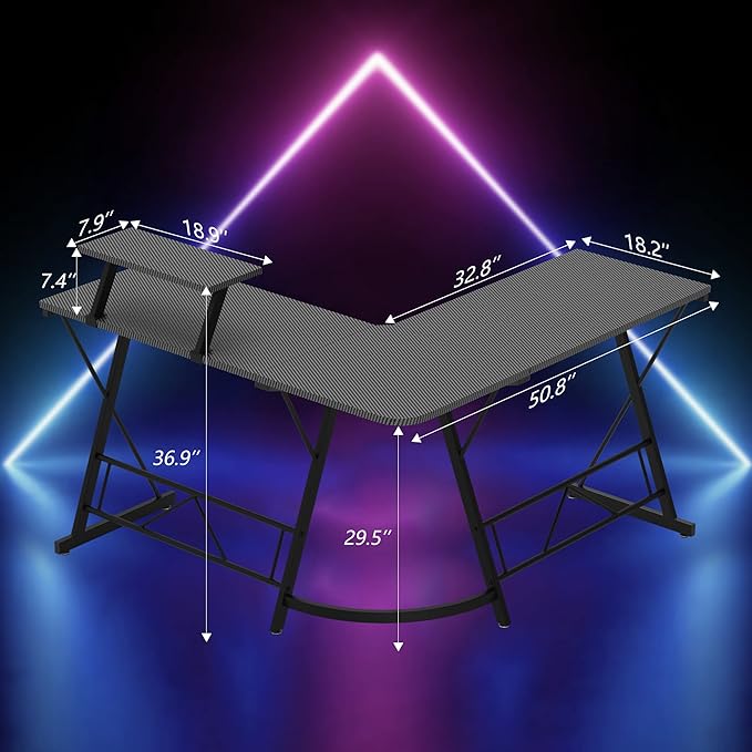 Mr IRONSTONE L Shaped Gaming Desk, Computer Corner Desk Carbon Fiber Surface for Home Office, Writing Study Desk with Laptop Stand, Easy to Assemble, Carbon Fiber, 51 Inch - LeafyLoom