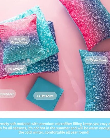 RYNGHIPY 6Pcs 3D Glitter Comforter Bedding Sets for Kids Teens Girls Women, Turquoise Blue Pink Rainbow Quilt Set Queen Size, Ultra Soft Reversible Bed in A Bag - LeafyLoom