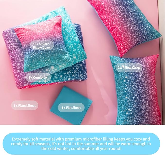 RYNGHIPY 6Pcs 3D Glitter Comforter Bedding Sets for Kids Teens Girls Women, Turquoise Blue Pink Rainbow Quilt Set Queen Size, Ultra Soft Reversible Bed in A Bag - LeafyLoom