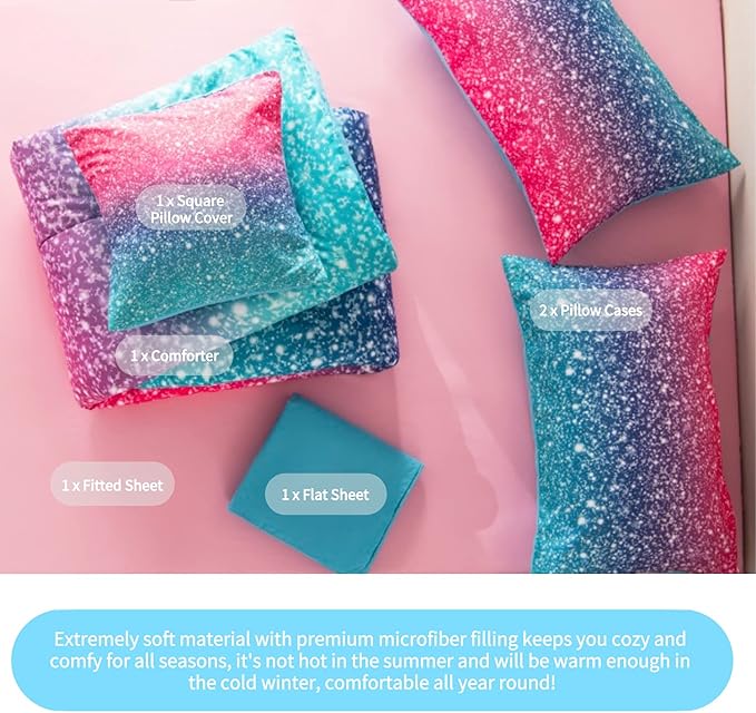 RYNGHIPY 6Pcs Gradient Glitter Bedding Set for Girls Twin Size, Colorful Rainbow All-Season Comforter Set, Ultra Soft Bedding Collections - LeafyLoom