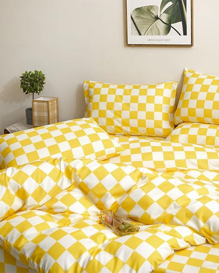 Yellow White Grid Comforter Set Cal King Yellow Plaid Bedding Set Women Yellow and White Checkered Bed Comforter Set Breathable Blanket Set Men Durable Bedding Comforter Set - LeafyLoom