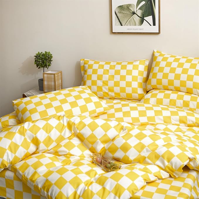 Yellow White Grid Comforter Set Cal King Yellow Plaid Bedding Set Women Yellow and White Checkered Bed Comforter Set Breathable Blanket Set Men Durable Bedding Comforter Set - LeafyLoom