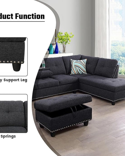 L Shaped Sofa with Ottoman Modern Sectional Living Room, Bedroom, Office, L Couch Nail-Head - LeafyLoom