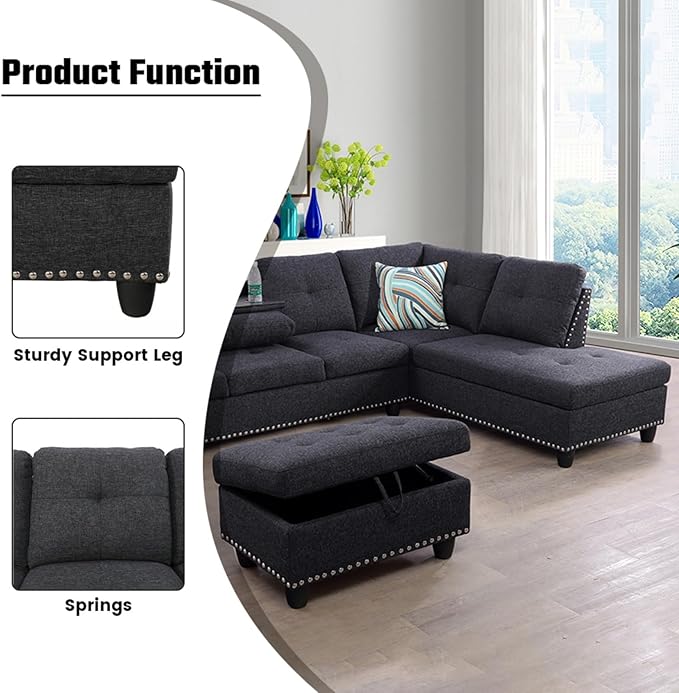 L Shaped Sofa with Ottoman Modern Nail-Head Design Linen Facing Sectional Couches with Cup Holder for Living Room, Bedroom, Office, Dark Grey with Right Chaise - LeafyLoom